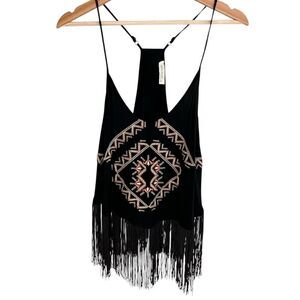 Haute Society Womens Western Boho Tank Top Size XS Fringe Embroidered Tribal